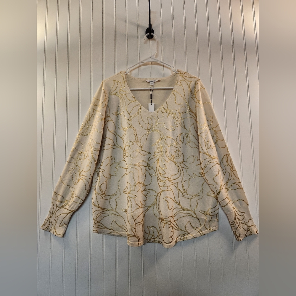NEW Chico Women's Cream Metallic Floral Print VNeck Knit Sweater Size 3XL Dressy